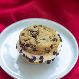 Close-up shot of chocolate chip ice cream sandwich cookie on a white plate